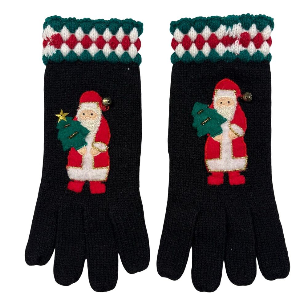 Vintage 80s Novelty Christmas Gloves Knit Applique Santa Bell One Size